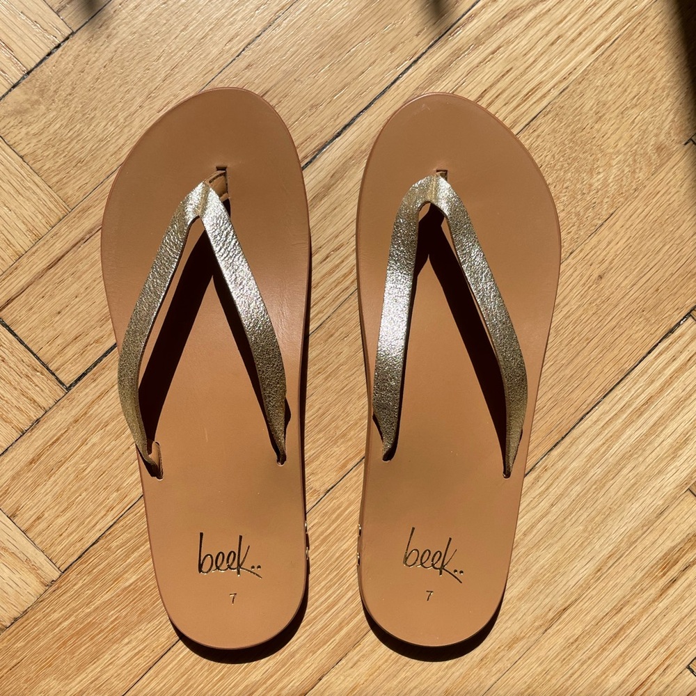 Beek Seabird Platinum/ Honey Leather Flip Flop Thong Sandals Size 7